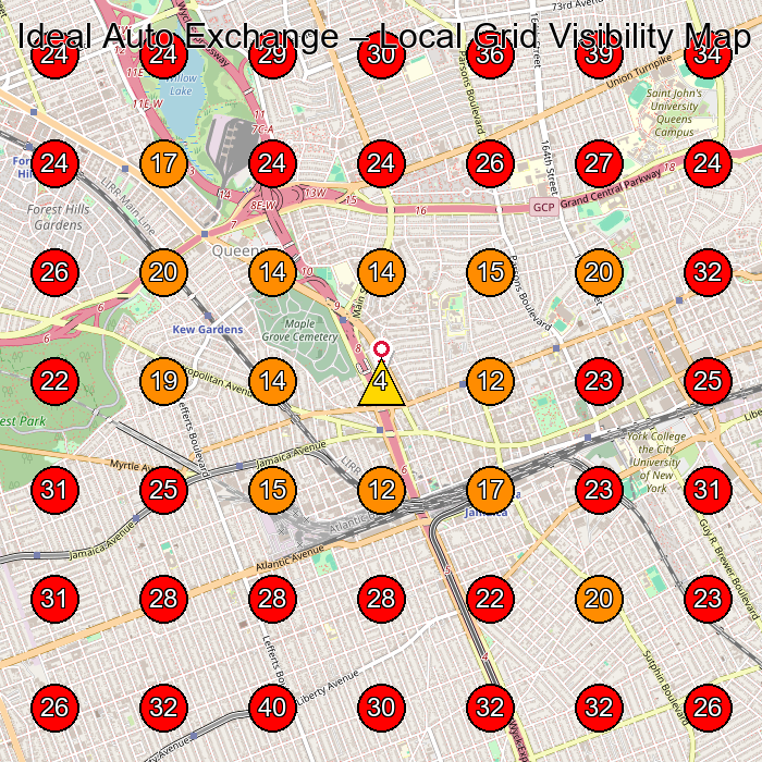Ideal Auto Exchange GeoGrid visibility map for Used Car Dealer in Kew Gardens